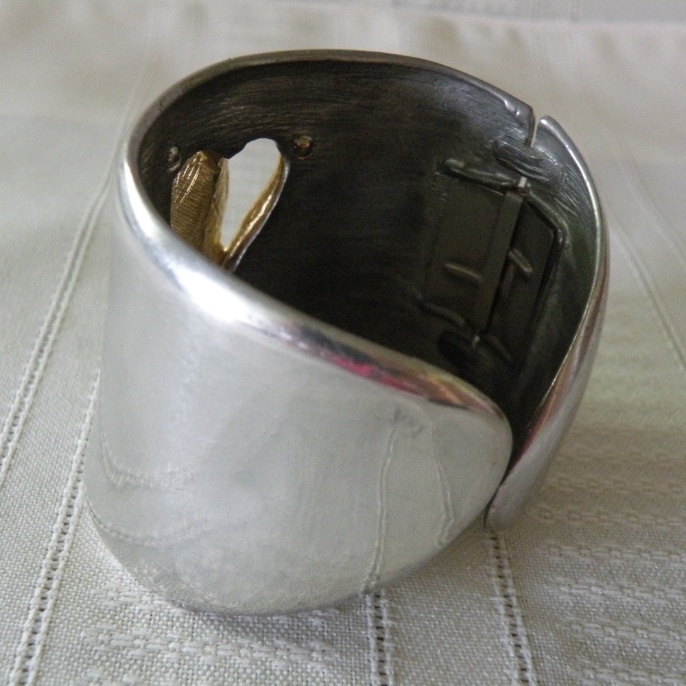 Diane von Furstenberg Silver & Gold Tone Heart 2" Wide Hinge Cuff Bracelet - Picture 12 of 12